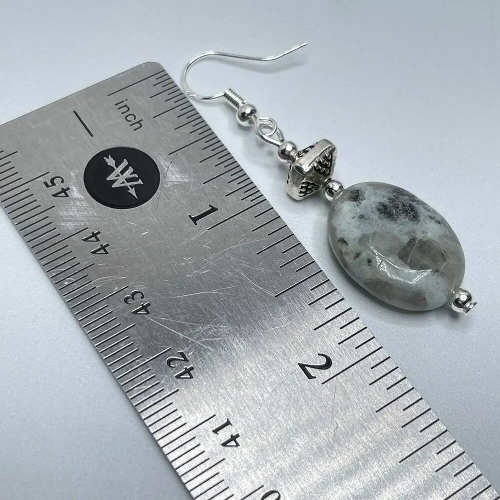 Artisan Silver Kiwi Jasper Stone Oval Beaded Dangle Earrings Boho Cute
